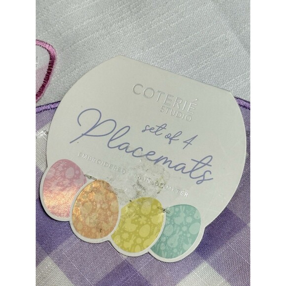 Coterie Studio Set Of 4 Embroidered Pastel Plaid Bunny Easter Placemats 15” New - Picture 7 of 8